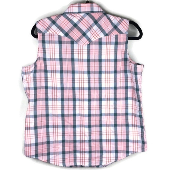 Wrangler Wrancher Pearl Snap Plaid Sleeveless Western Shirt Women's Large L EUC - Picture 2 of 11
